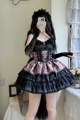 BXOXO - Black/Pink Ancient Dream of the Dark Night Print Ruffle Gothic Lolita Jsk Dress